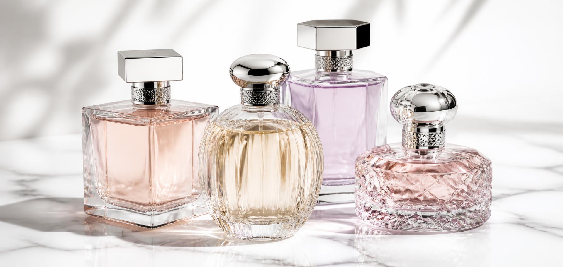 Composición cercana de varios frascos de perfume sobre mármol blanco.