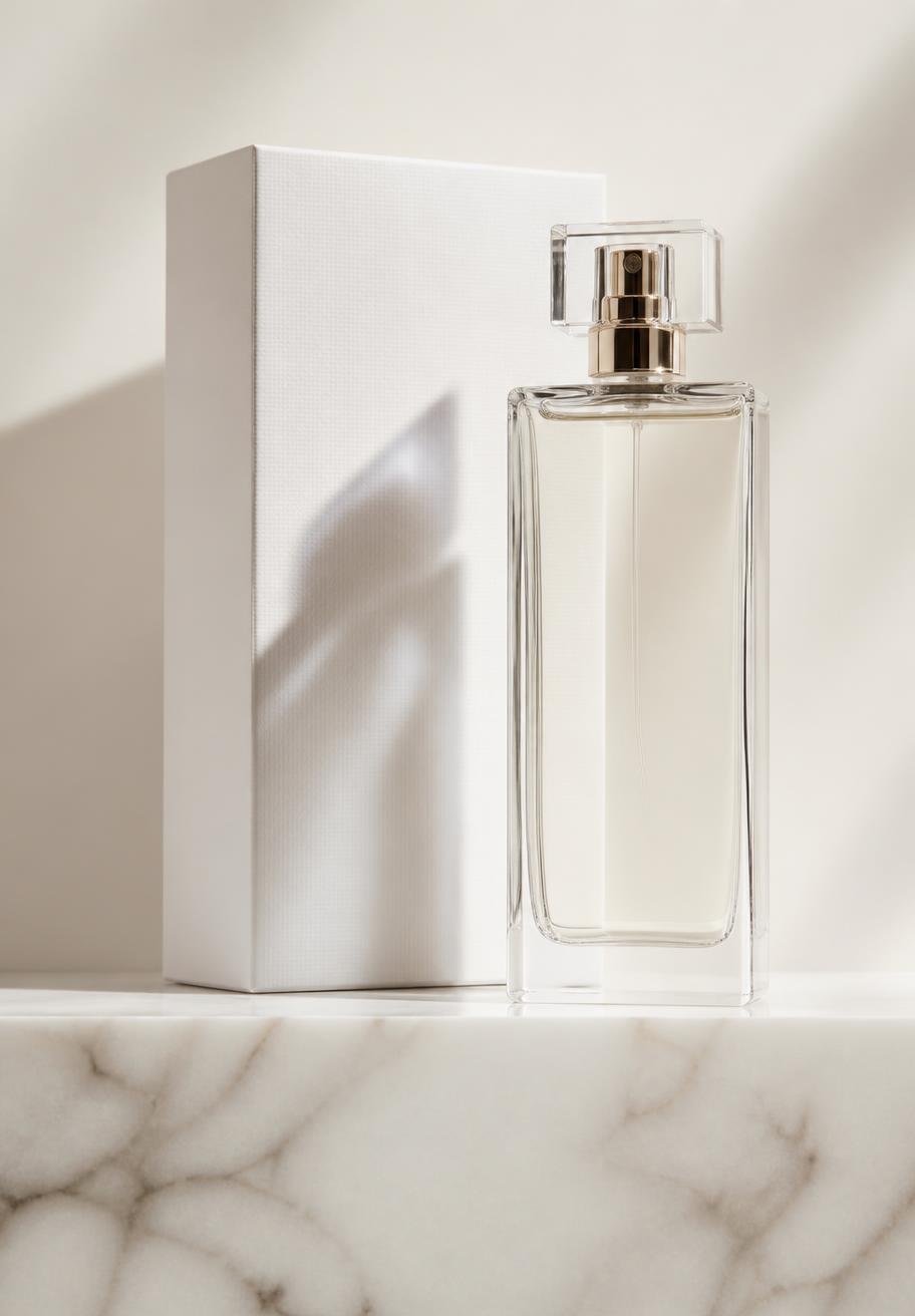 Frasco de perfume vertical junto a su caja blanca sobre mármol — Aura Essence