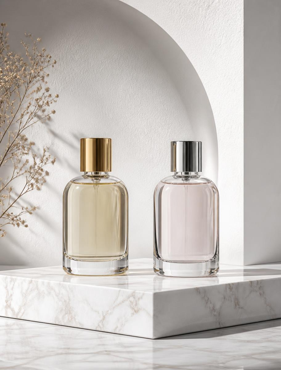 Dos frascos de perfume sobre mármol blanco con arco de yeso — Aura Essence