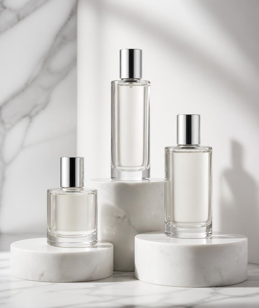 Tres frascos de perfume sobre pedestales de mármol blanco — Aura Essence