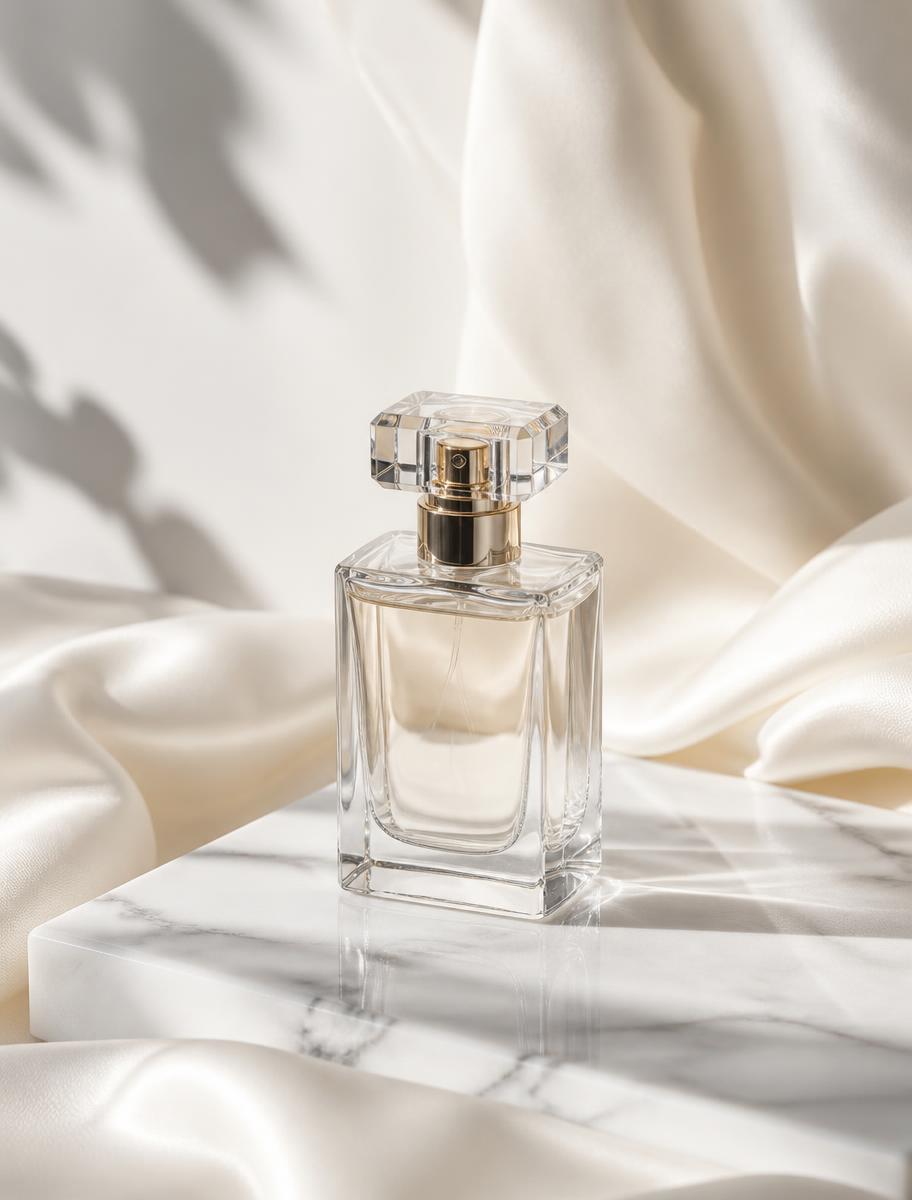 Composición editorial de un frasco de perfume sobre mármol blanco con seda marfil.