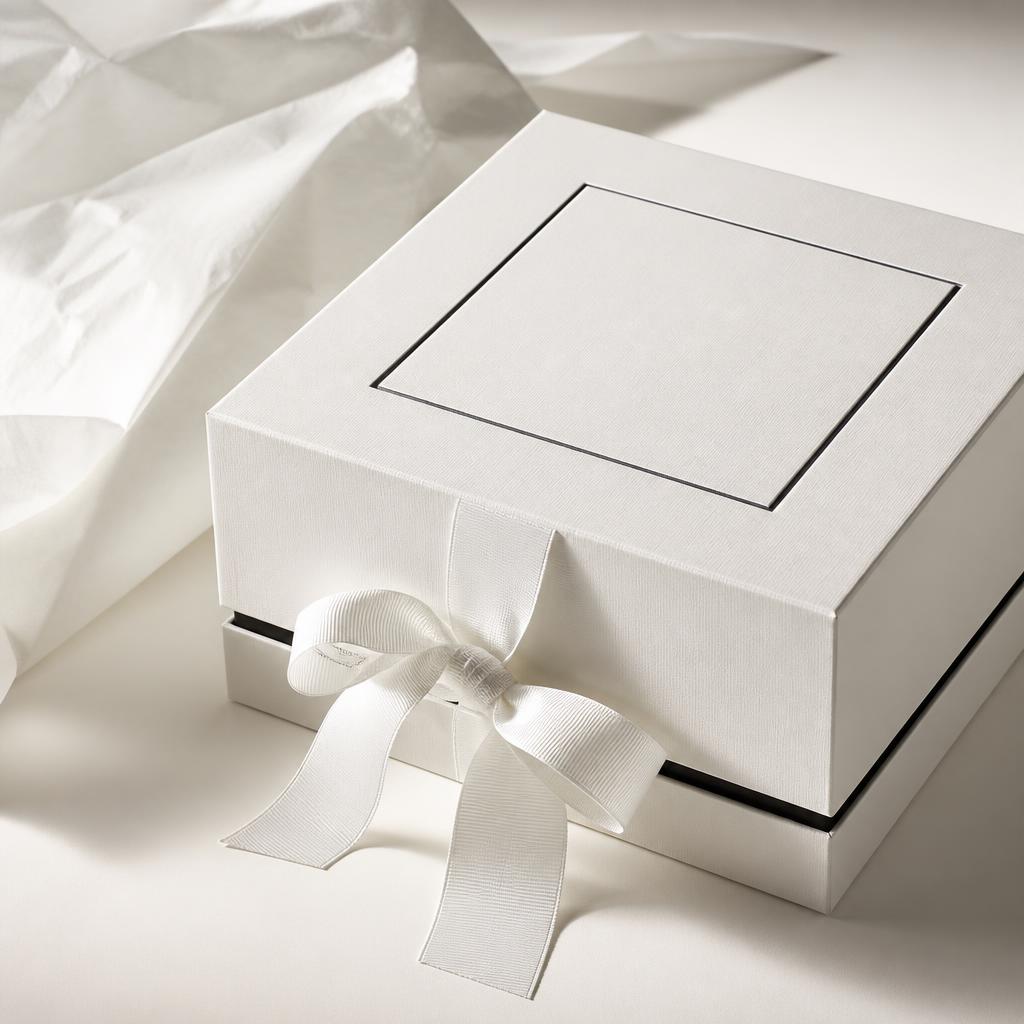 Empaque premium de los perfumes Aura Essence: caja blanca con detalles negros.